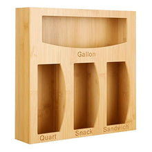 Load image into Gallery viewer, Bamboo Ziplock Bag Storage Organizer and Dispenser purplewares for Kitchen Drawer, Suitable for Gallon, Quart, Sandwich & Snack Variety Size Bag (Brown)