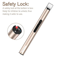 Load image into Gallery viewer, REIDEA Electronic Candle Lighter Arc Windproof Flameless USB Rechargeable Lighter with Safe Button for Home Kitchen Champagne Gold