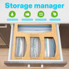 Load image into Gallery viewer, Bamboo Ziplock Bag Storage Organizer and Dispenser purplewares for Kitchen Drawer, Suitable for Gallon, Quart, Sandwich &amp; Snack Variety Size Bag (Brown)
